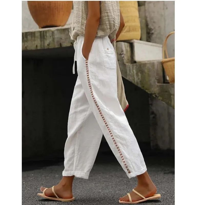 

Women's Pants 2023 Fashion Casual Lace Hollow Out High Waist Straight Leg Trousers Basics Female New Summer Clothing 2023