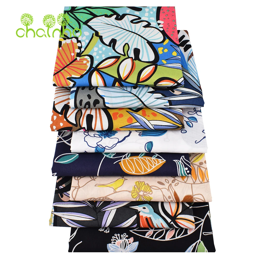 Chainho,Printed Plain Weave Poplin Cotton Fabric,DIY Sewing Quilting Material,Patchwork Cloth,Floral Series,3 Sizes,15PC63