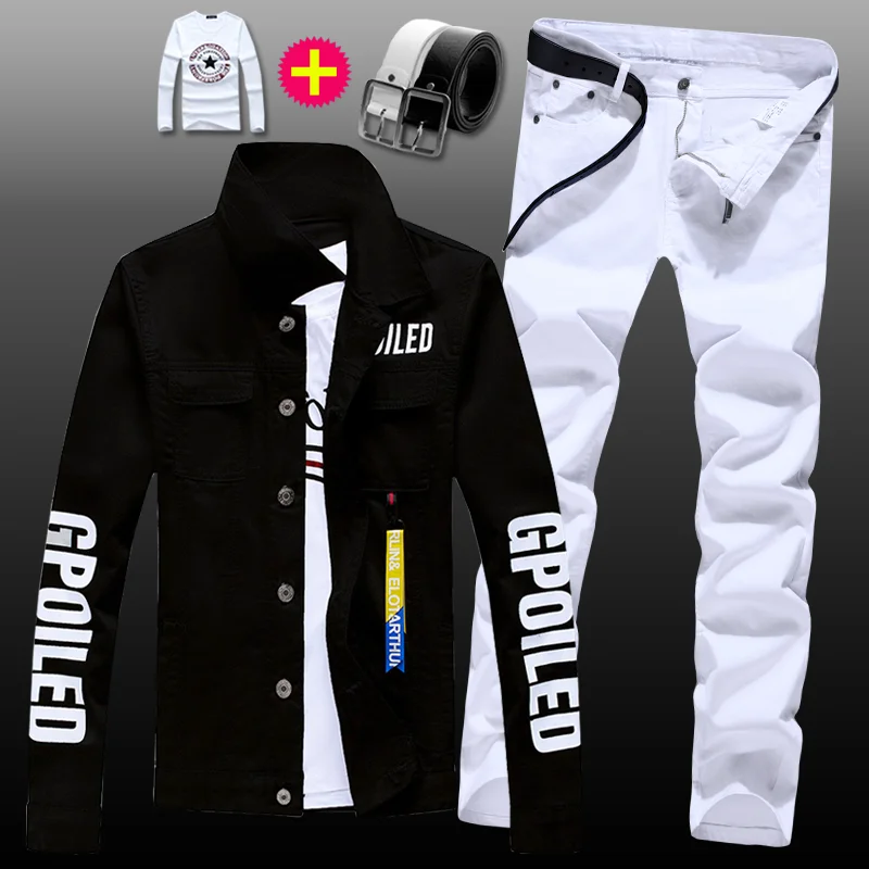 Men Denim Jacket Pants Set New Mens Denim Jacket Jeans Pants Slim Fit 2pcs Set Boys Casual Letters Printed Coat Trousers with Pendant Candy Color
