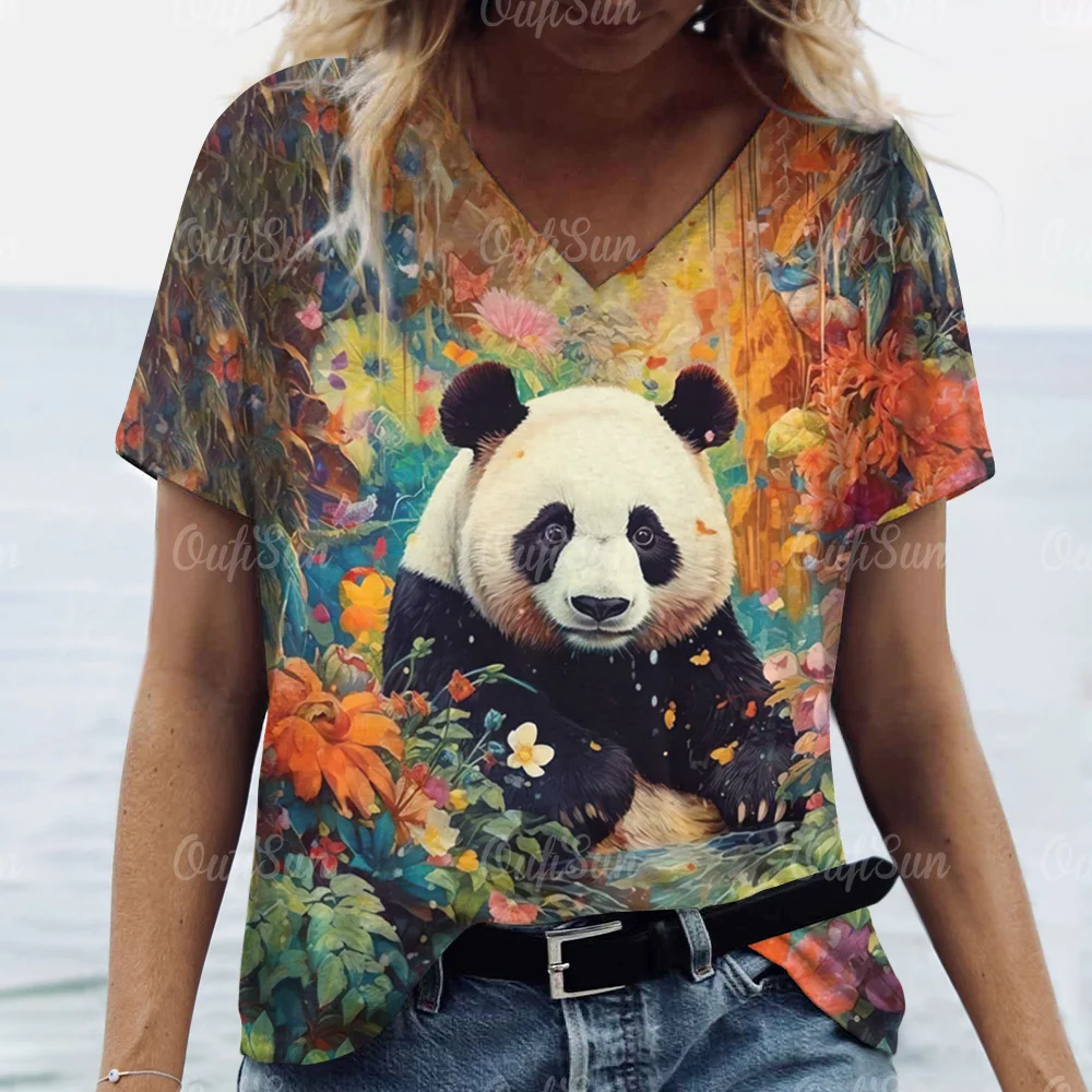 

Женская футболка с принтом панды, V-образным вырезом и коротким рукавом