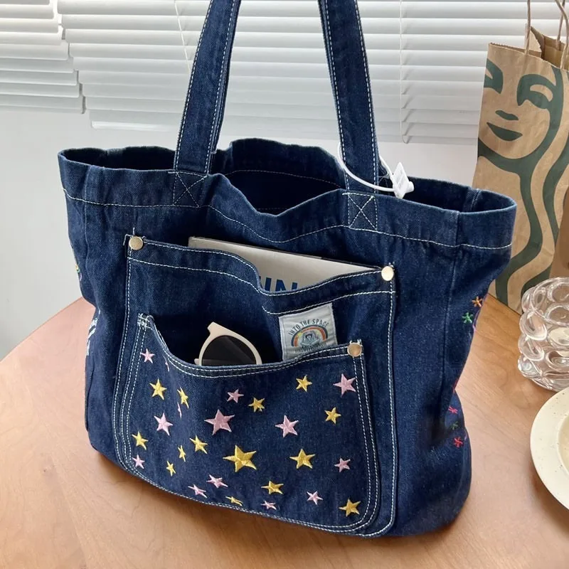 Embroidery European Style Square Canvas Handbag Single Shoulder Tote Bag for Woman Denim Versatile Bag 5-pointed Star Pattern