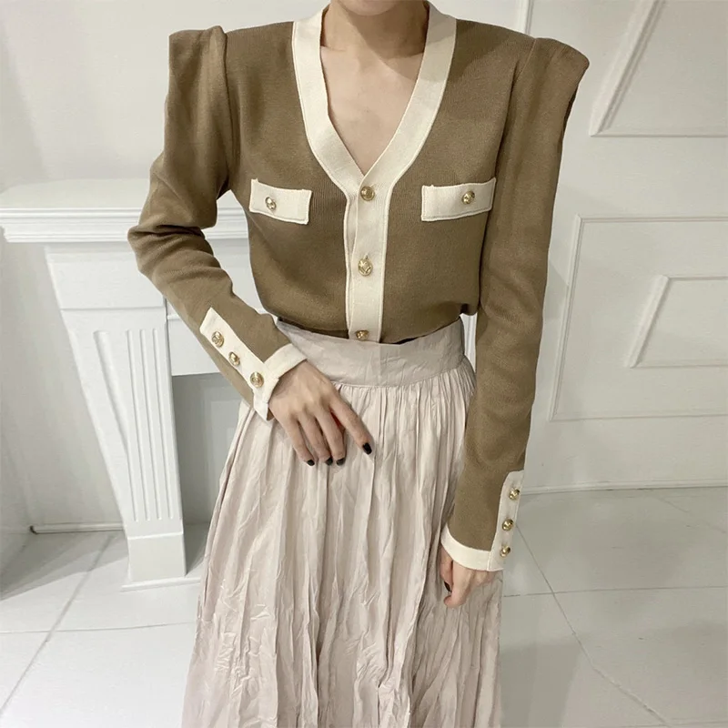 Croysier Cardigan Women V Neck Long Sleeve Button Knitted Cardigans Sweaters Fashion Contrast Color Trim Office Elegant Sweater long black cardigan Sweaters