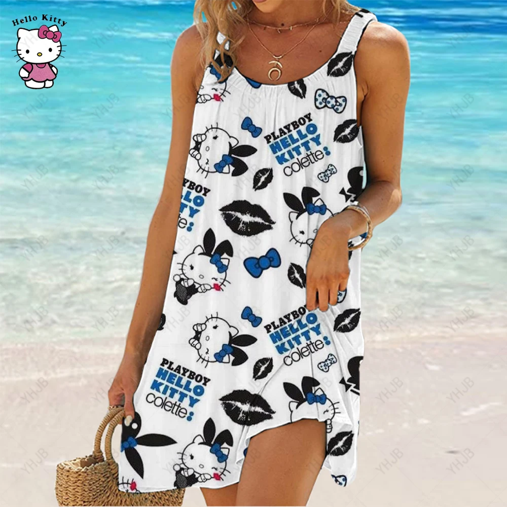 

Summer 2023 Hello Kitty Print Mini Open Back Dress Women's High Waist Loose Cartoon Strap Casual Suspenders Dresses