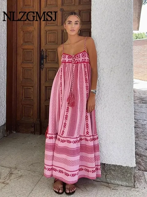 Women Bohemian Midi Dress Vacation Charm Splice Knitted Vintage Strap Dress Women Vestidos Mujer