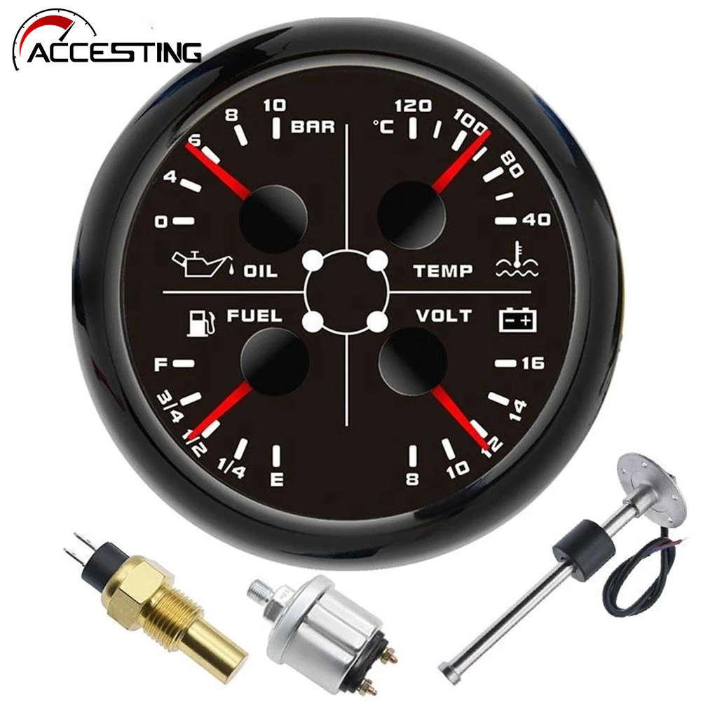 4 In 1 Fuel Level Gauge Water Temperature Oil Pressure Voltage