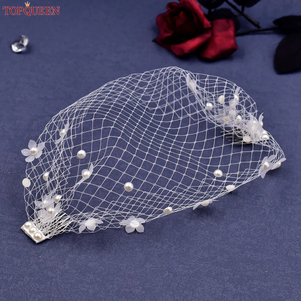 TOPQUEEN VA15 Mini Bridal Veils Blusher Veil Wedding Birdcage Veil with Pearls on the Two Combs Bachelorette Party Accessories