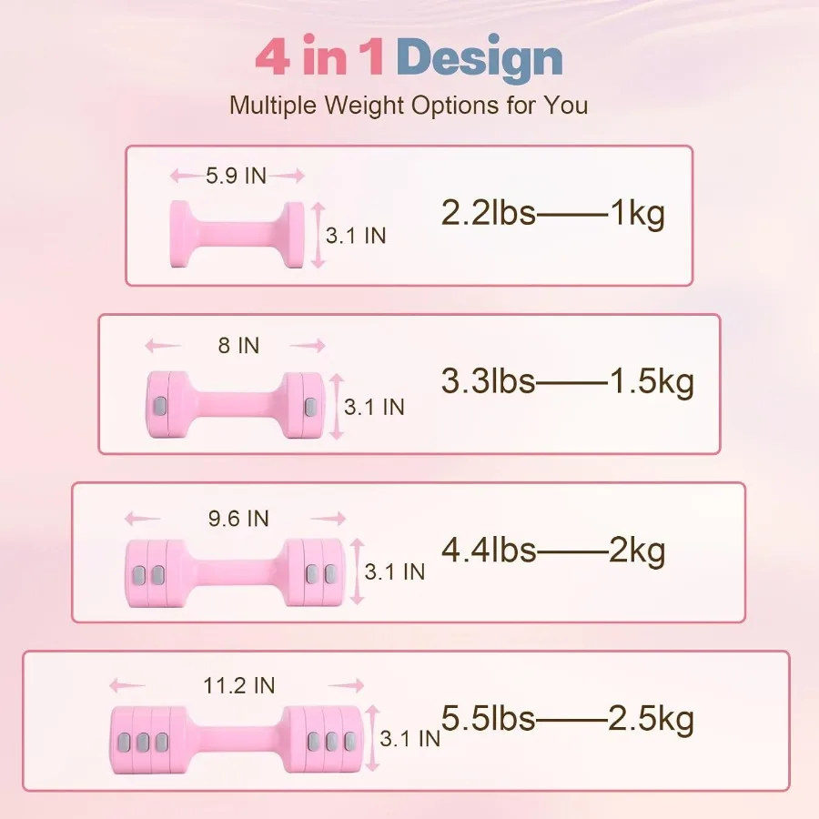 Adjustable Dumbbell Set of 2, 4 in 1 Free Weights Dumbbells Set for Women with Fast Adjustment, Each 2lb 3lb 4lb 5lb Hand Weight