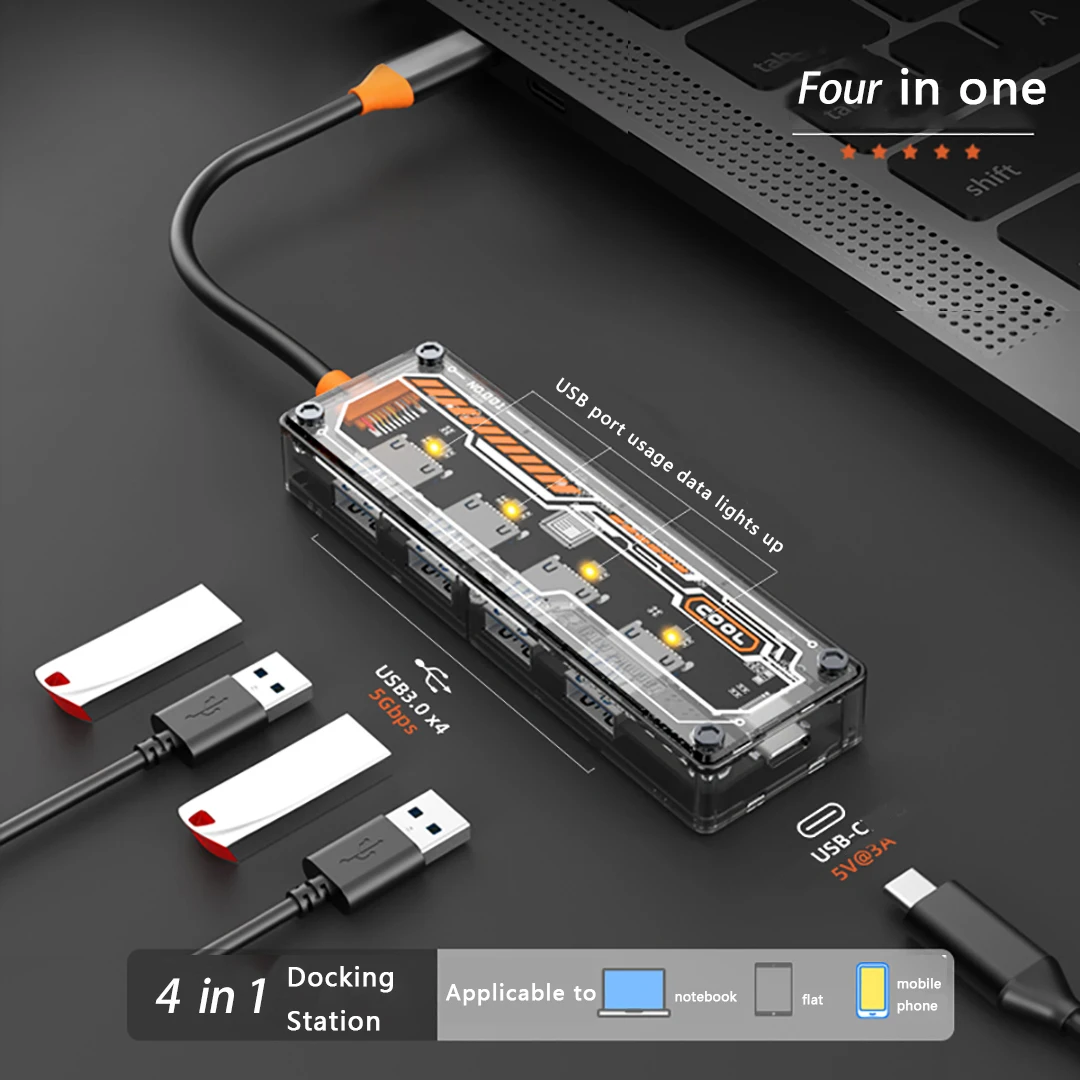 5 IN 1 Transparent USB C HUB USB Splitter Type C HUB for Macbook Pro Air Laptops PC Accessories Docking Station Hub USB C Rj45 2