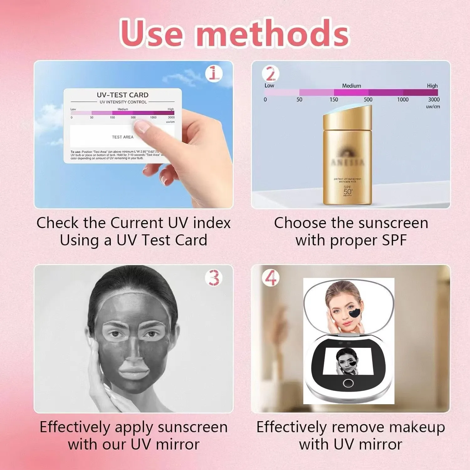 UV 미러 자외선 차단 테스트 카메라 (조명 포함) 및 2배율 LED 카메라로 얼굴 자외선 차단