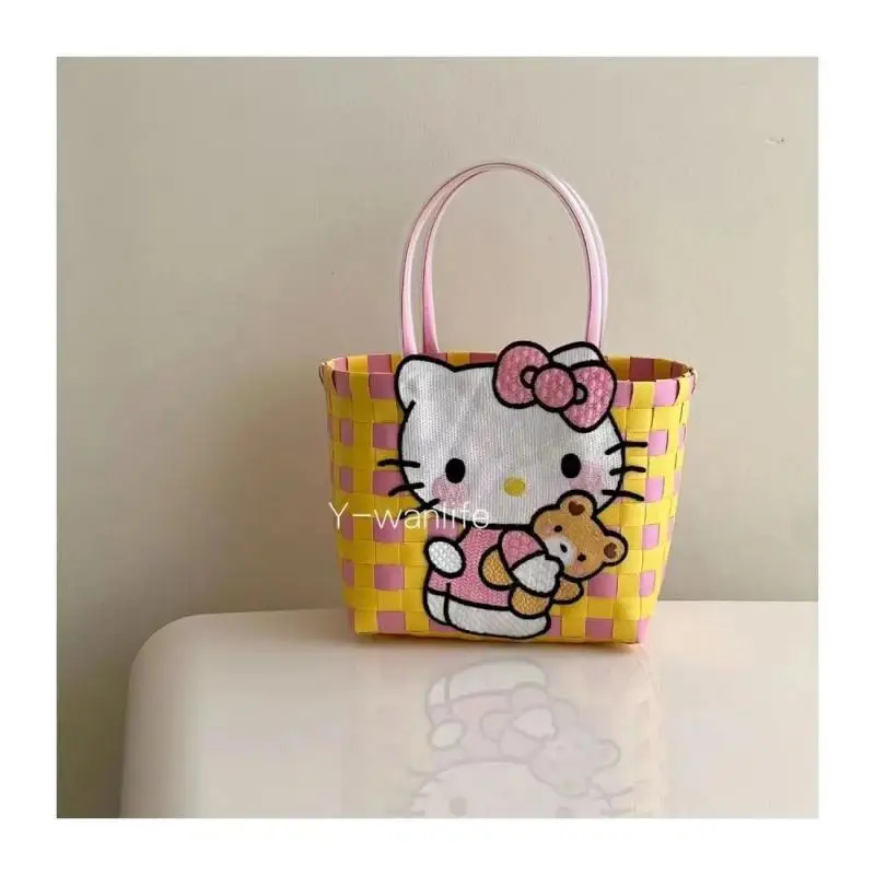 

Kawaii Sanrio Hello Kitty Handbag Anime Cute Cartoon Handmade Woven Women's Bags for Outdoor Small Square Bags Diy Girl Toys