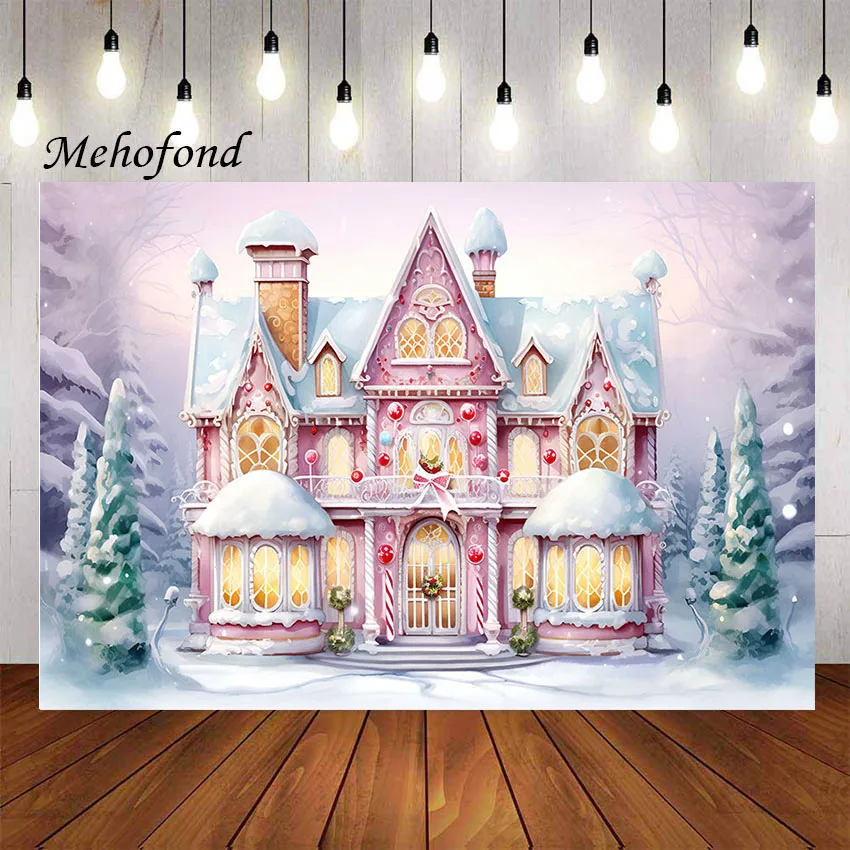 

Фон для фотосъемки Mehofond розовый рождественский дом лес сосна дерево снег девушка семейная фотография Фотостудия