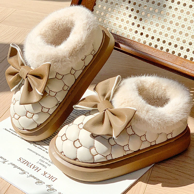 High-looking Bow-knot Waterproof Cotton Shoes for Women with Bag Heel and Winter Indoor Velvet Non-slip Platform Cotton Slippers