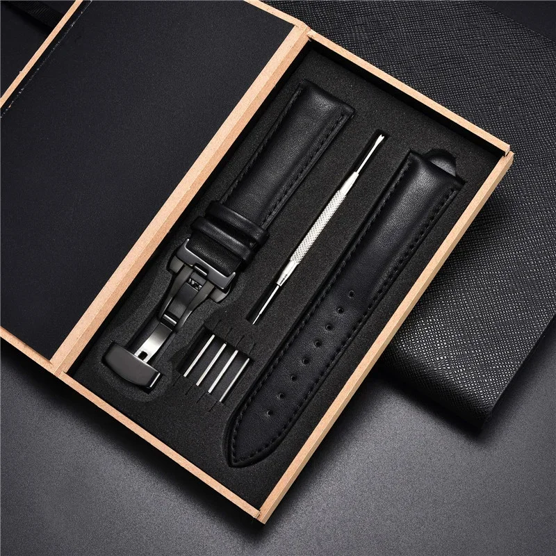 Luxurious Genuine Leather Watchband with Automatic Butterfly Buckle - Elegant Business Wrist Strap with Gift Box