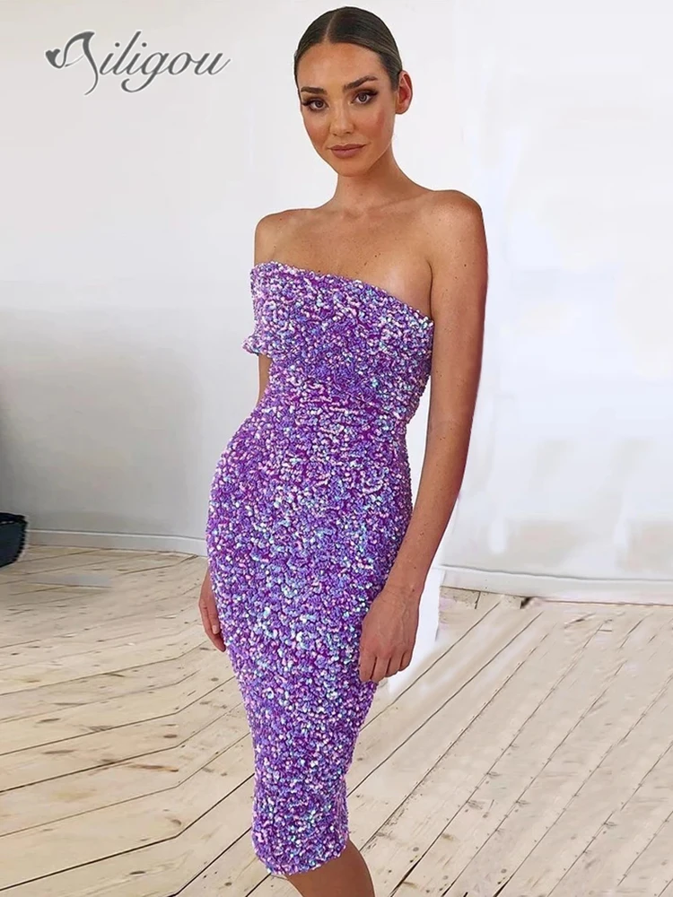 

Ailigou 2022 New Fashion Sexy Violet Black Sequined Skinny Women's One Shoulder Sleeveless Mid-length Celebrity Party Dress