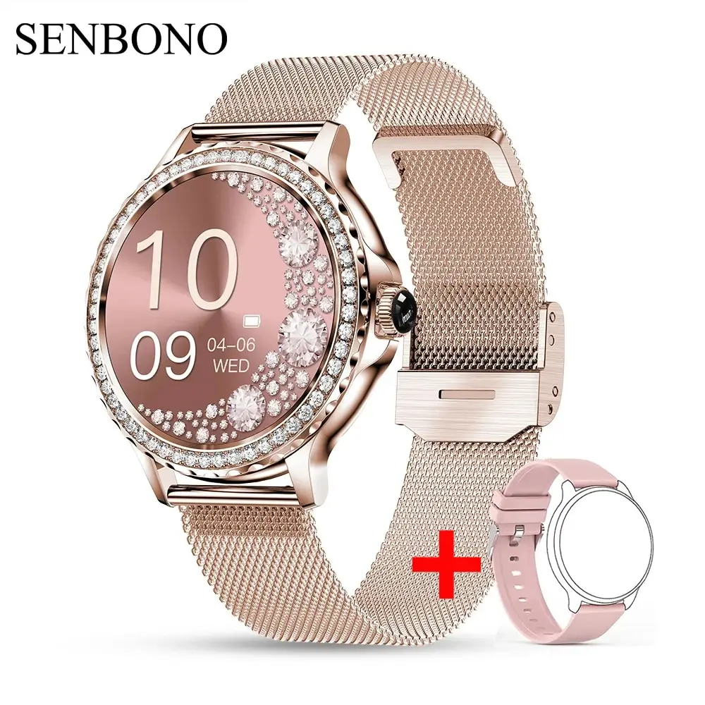 SENBONO 2024 Smart Watch For Lady Bluetooth Call 100+Sports Mode Waterproof Fitness Woman Smartwatch DIY Custom Dials +Box Gift