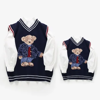 Parent-Child Vest Family Matching Sweater for Kids Bear Knit Top Sleeveless Dad Mom and Son Daughter Christmas Knitted Cardigan