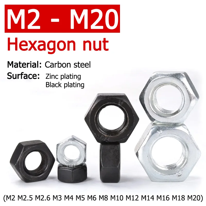 

10-1000pcs Hexagon Hex Nuts M2 M2.5 M2.6 M3 M4 M5 M6 M8 M10 M12 M14 M16 M18 M20 Carbon Steel 8.8-Grade Black/Zinc Plated Hex Nut