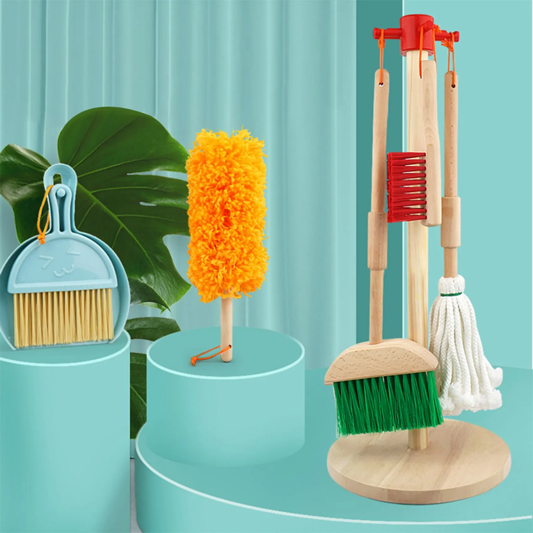 A72I 6 Pcs Children Pretend Play Wooden Broom Mop Cleaning Tool Toys Brain-Training Toy for Kids Educational Learning Toys
