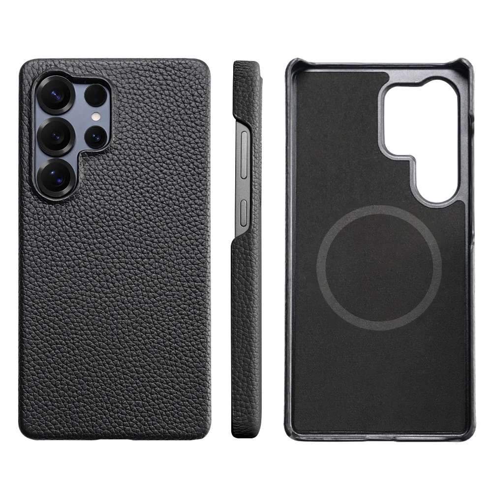 Luxury Natural Cowhide Lychee Leather Magnetic Phone Case with MagSafe – Premium Protector Cover