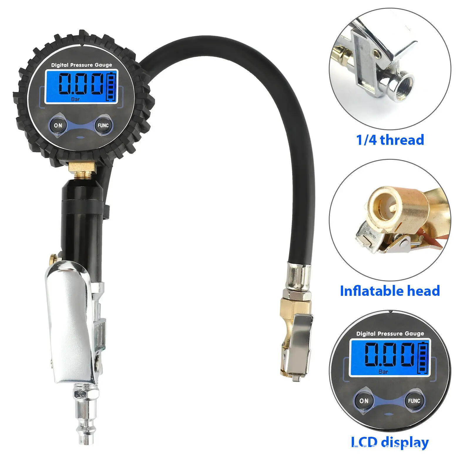 200PSI Tire Air Pressure Inflator Gauge LCD Display LED Digital