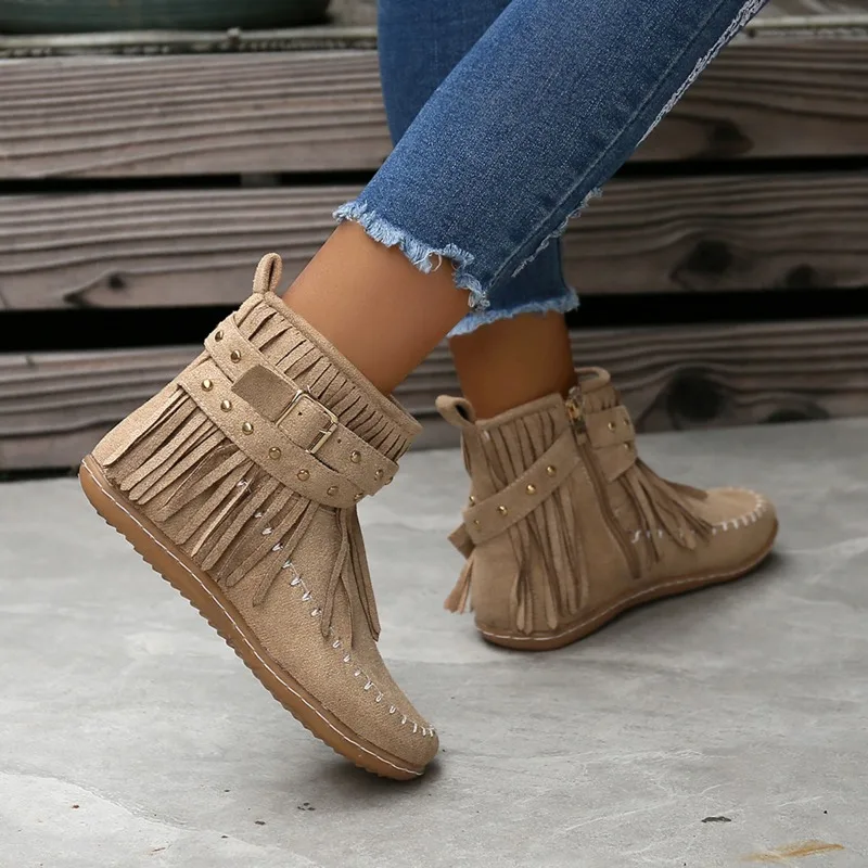 2023 Winter Warm Shoes for Female Side Zip Women's Ankle Boots Flat with Light Women's Shoes Tassel Belt Buckle Ladies Boots