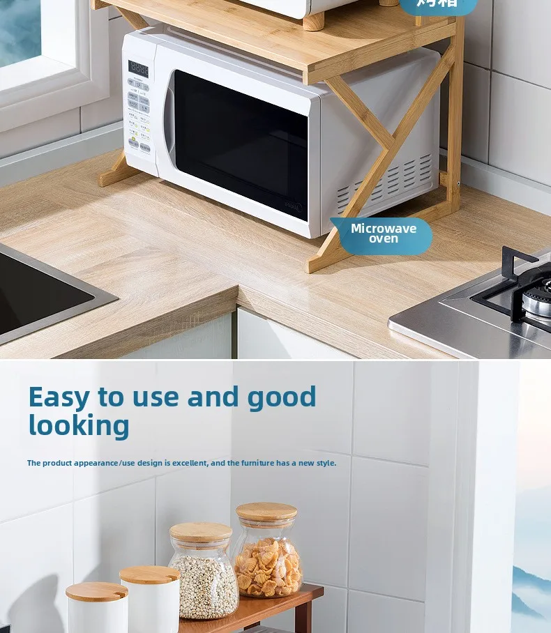 Bamboo Double-Layer Countertop Microwave and Oven Storage Shelf Rack — detail 7