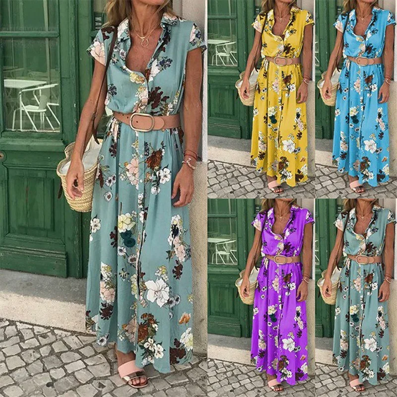 

New Bohemian Vintage Ethnic Floral Holiday Style V-Neck Loose Length Y2k Elegant and Pretty Women's Dresses