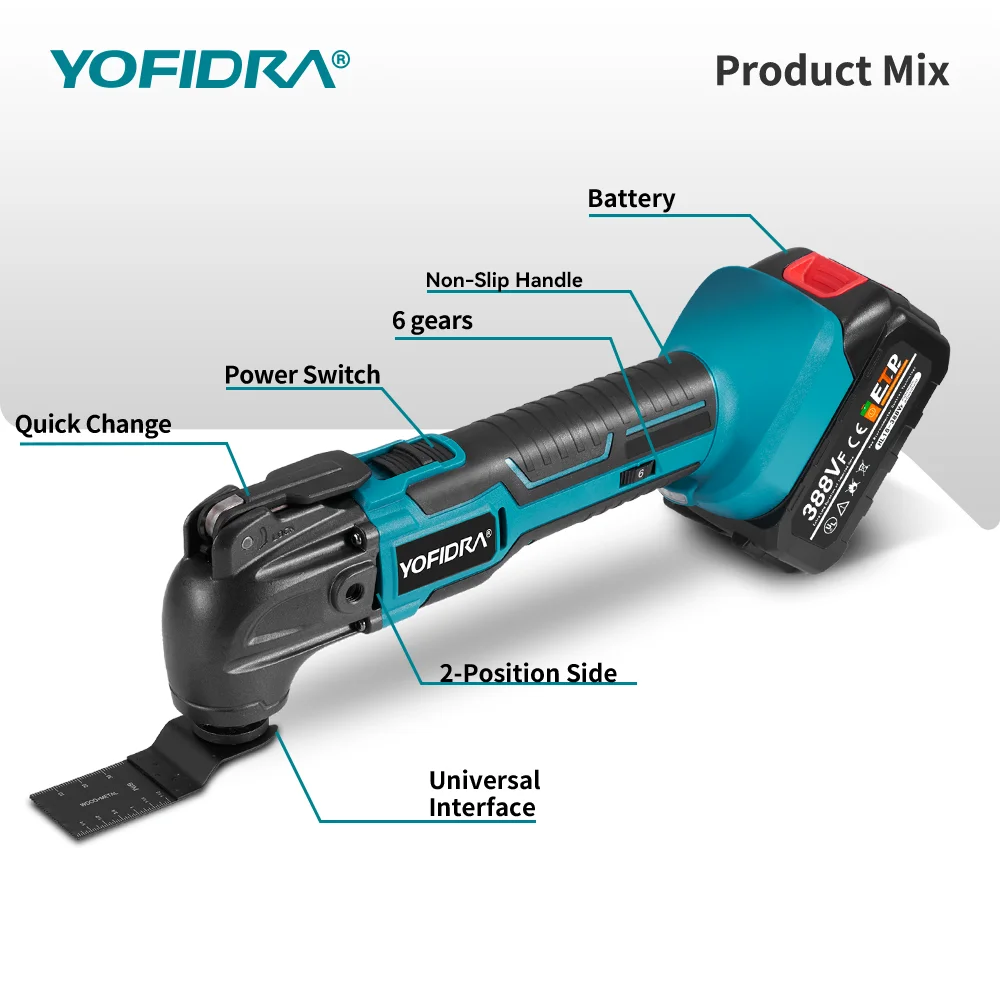 YOFIDRA 6 Gears 600W Oscillating Multi Tools Function Tool 20000OPM Electric Saw Trimmer Shovel for Makita 18V Battery Pin — view 2