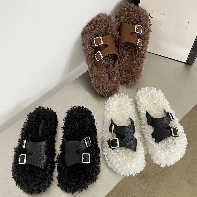 

New 2022 Fashion Furry Flat With Shoes Sexy Ladies Slides Women Slippers Sandal Buckle Casual Outdoor Fur Female Flip Flops
