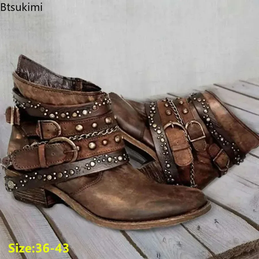 

New 2024 Women's Cool Cowboy Western Boots Vintage Slip on Metal Rivet Chunky Heel Punk Walking Work Ridding Boots Ladies Boots