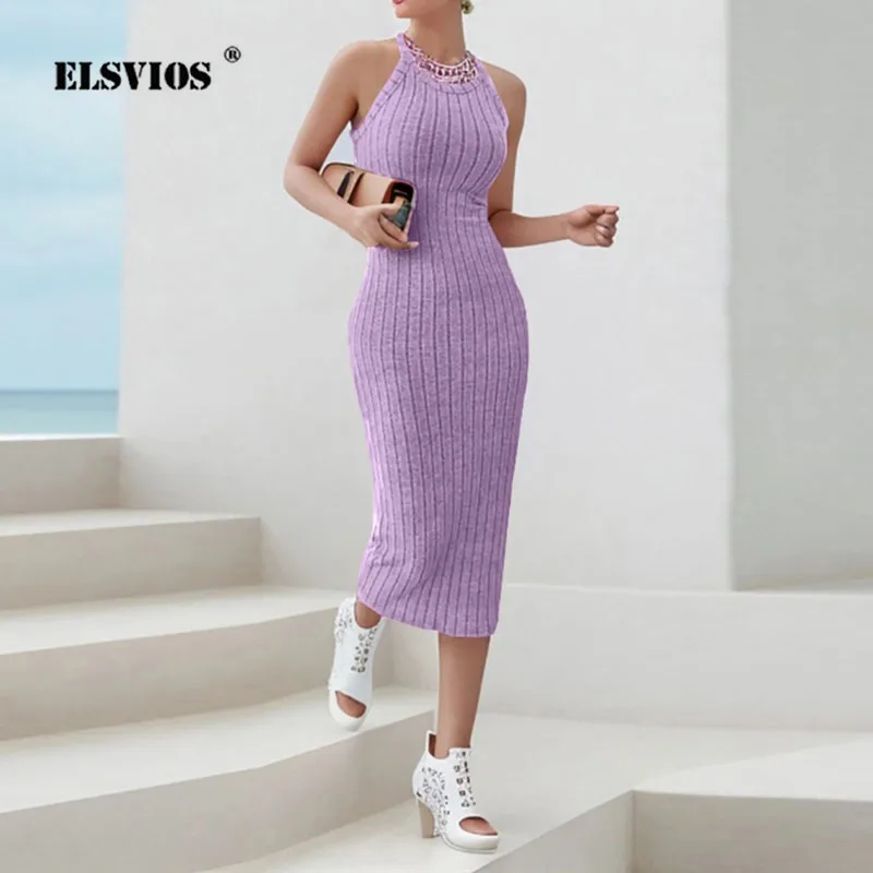 

Summer Slimming Sleeveless Vest Dress Solid Color Commute Elegant Ribbed knitted Skinny Dresses Fashion Party Female Long Dress