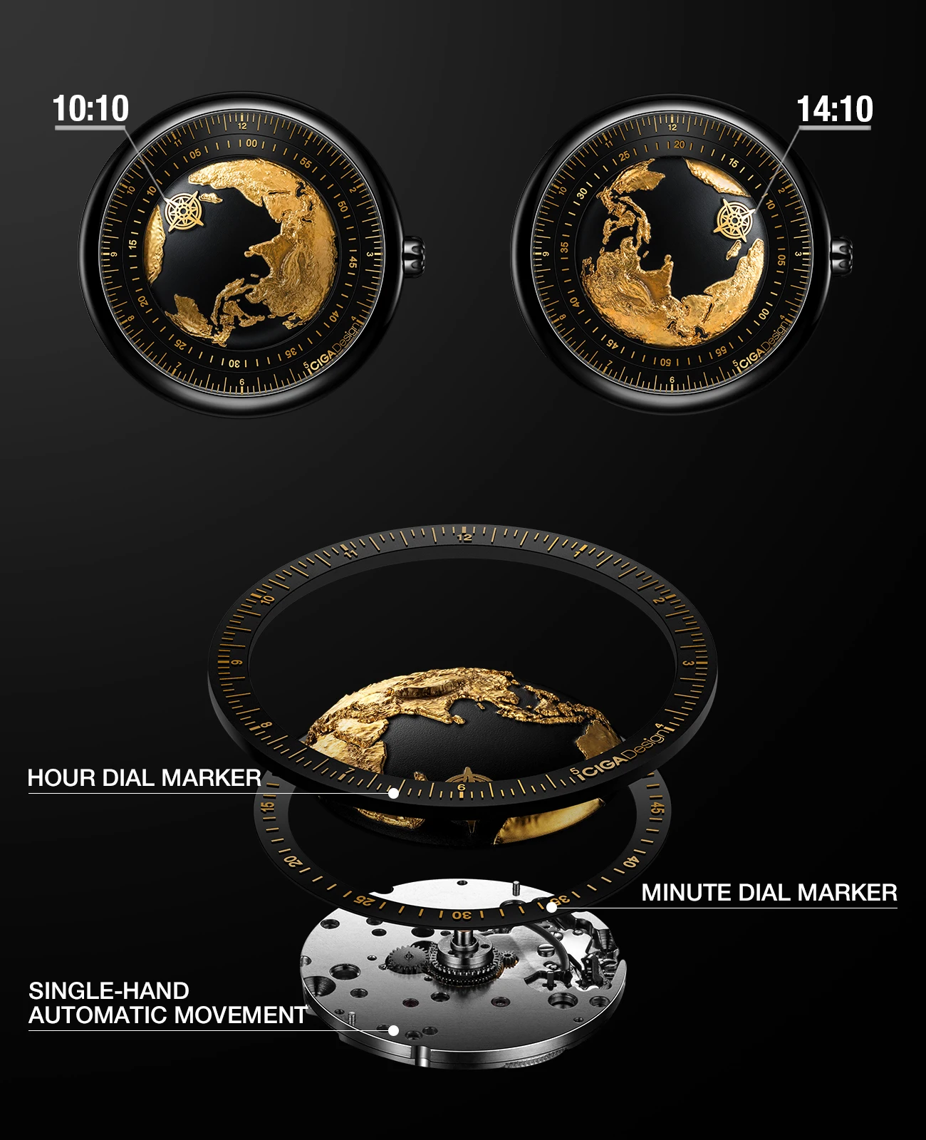 CIGA Design Luxury Watches for Men Automatic Movement 2024 U Series Blue Planet Gilding Version Ceramic Mechanical Wristwatches 2