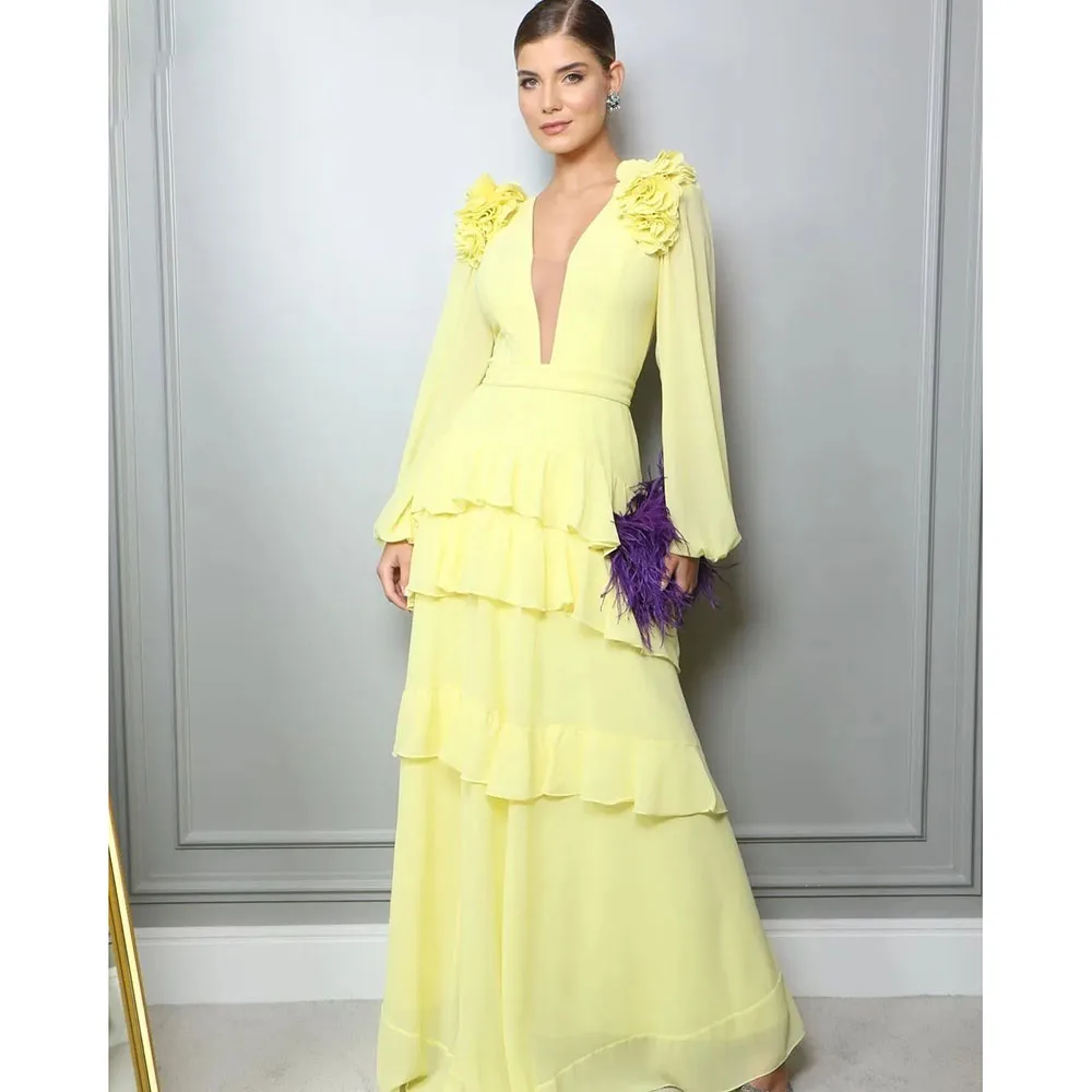 

Yellow Long Sleeve V-Neck Tiered Evening Dress Elegant Women Floor Length 3D Flowers Formal Luxury Prom Dresses Custom Gown 2024