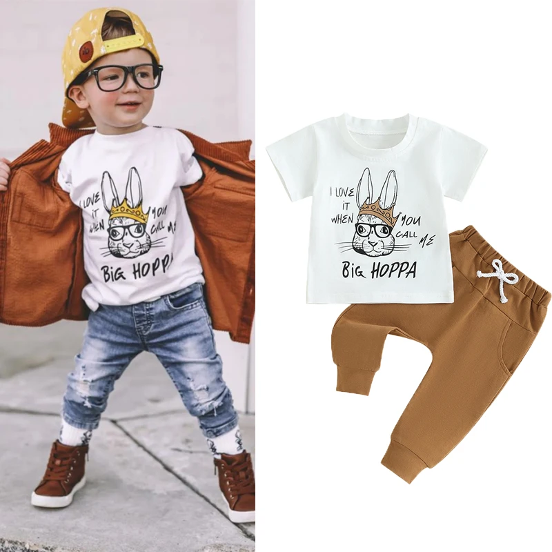 Toddler Baby Boys Easter Day Clothes Sets 0-3Y Short Sleeve Cartoon Rabbit Letter Print Tops Drawstring Pants