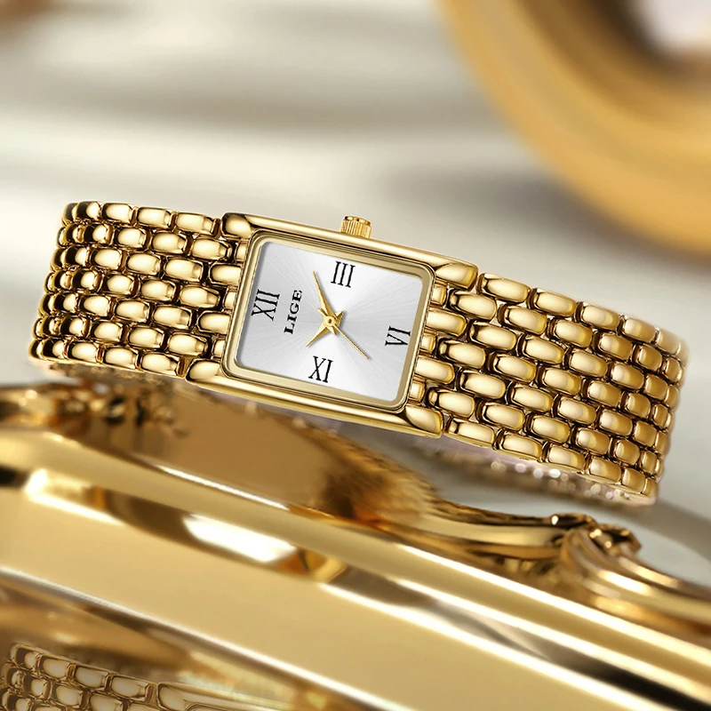 LIGE New Gold Watch Women Fashion Creative Square Quartz Women's Watches Simple Waterproof Date Chronograph Relogio Feminino+BOX
