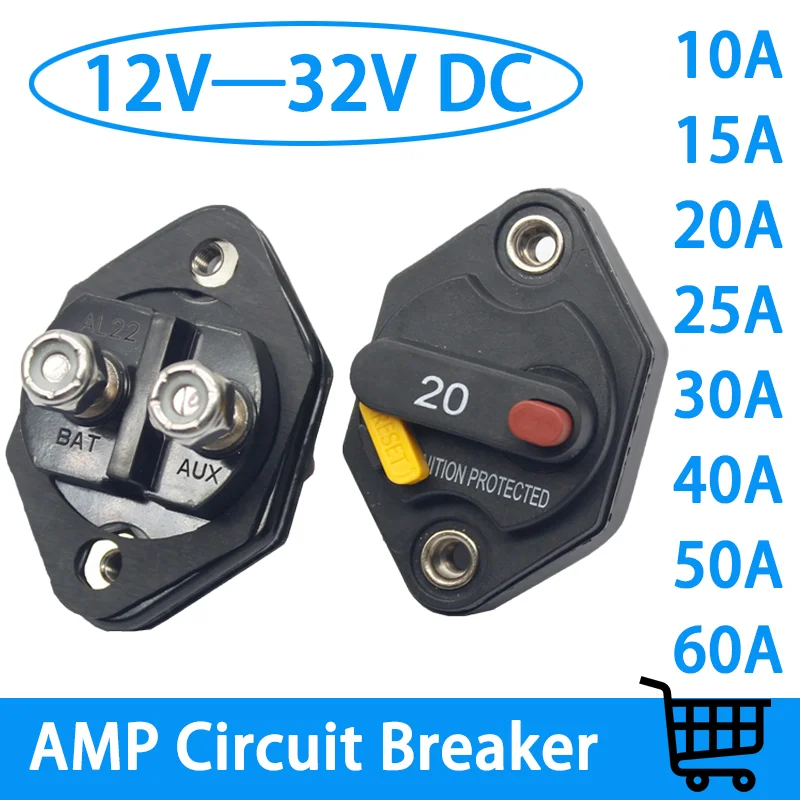 

Waterproof IP67 Circuit Breaker 12V-32V DC 10A 15A 20A 30A 40A 50A Blow Reset Fuse Switch Inverter for Marine Car Audio（1 Pack)）