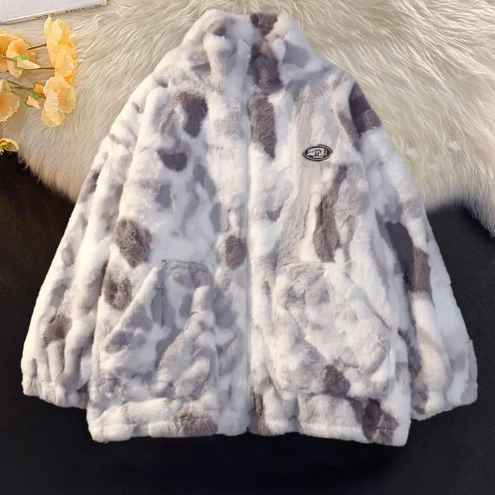 

Coat Thickened Plush Stand Collar Neck Protection Cold Resistant Long Sleeve Zipper Closure Color Matching Tie-dye Jacket