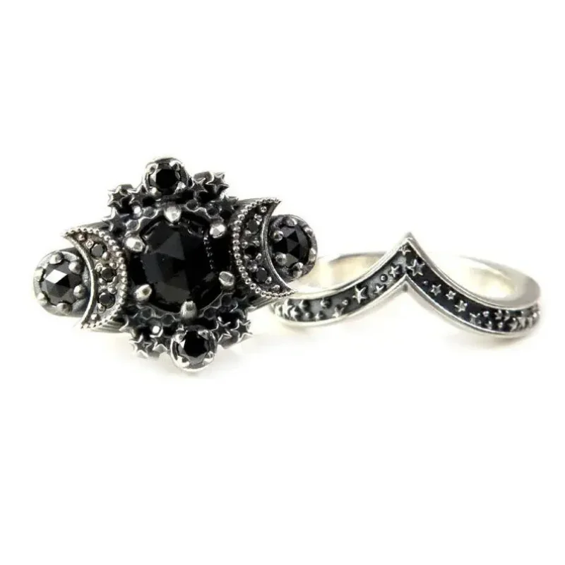 Fashionable Cosmic Gothic Universe Moon Metal Ring for Women Creative Vintage Pentagram Black Crystal Zirconia Rings Jewelry