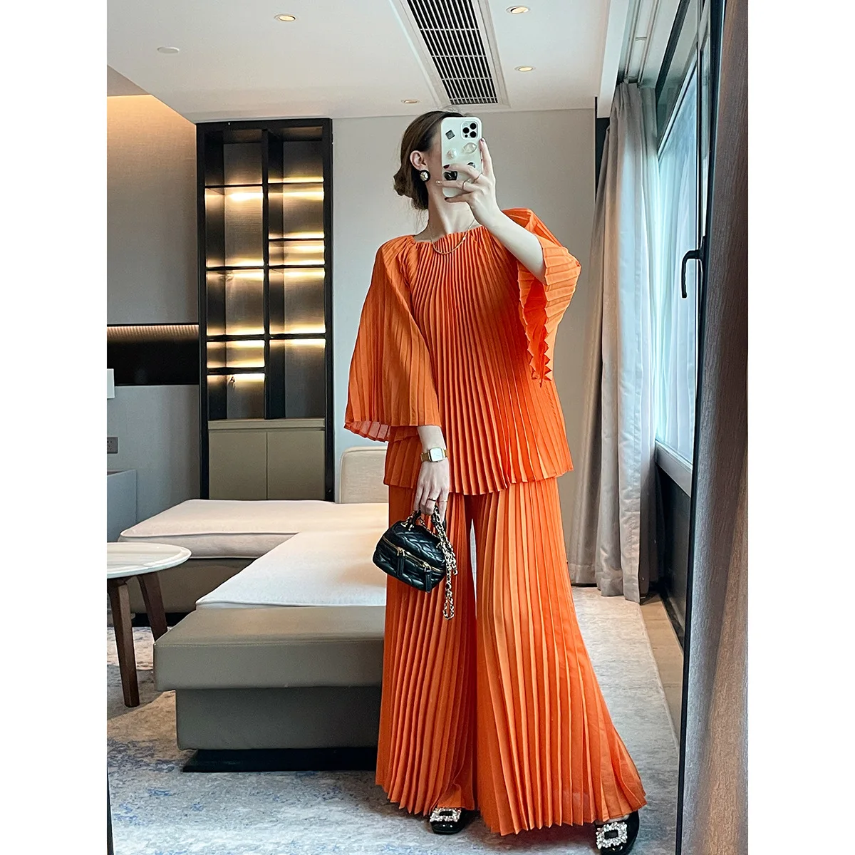 

Autumn new loose fashion casual suit flared trousers solid color pleated two-piece set