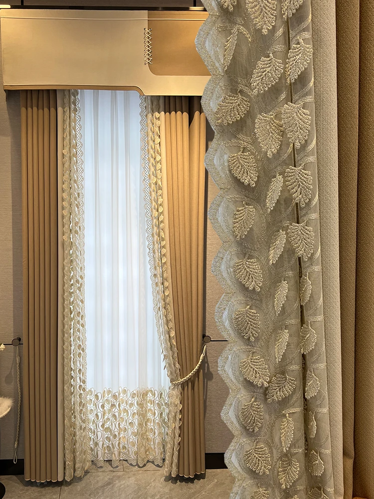 

Custom curtain High quality modern French lace chenille Splicing window livingroom blackout curtain valance tulle panel M1406