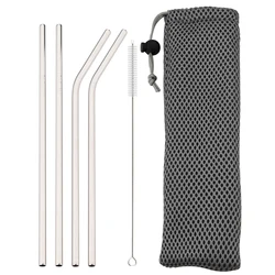 Premium Reusable Stainless Steel Straw Set with Cleaning Brush - 4 - Piece Straight & Bent Straws (Silver)