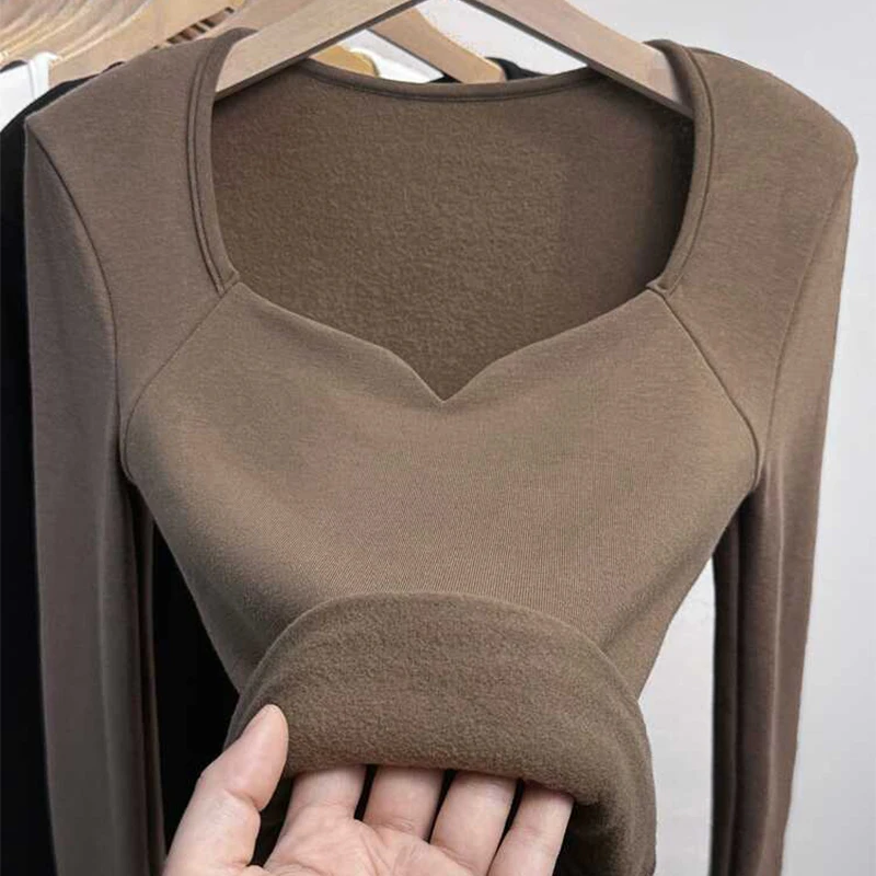 Autumn Winter Women Bottoming Shirts Intimates Long Sleeve Underwear Lady Undershirt Square Neck Plus Velvet Thermal Tops