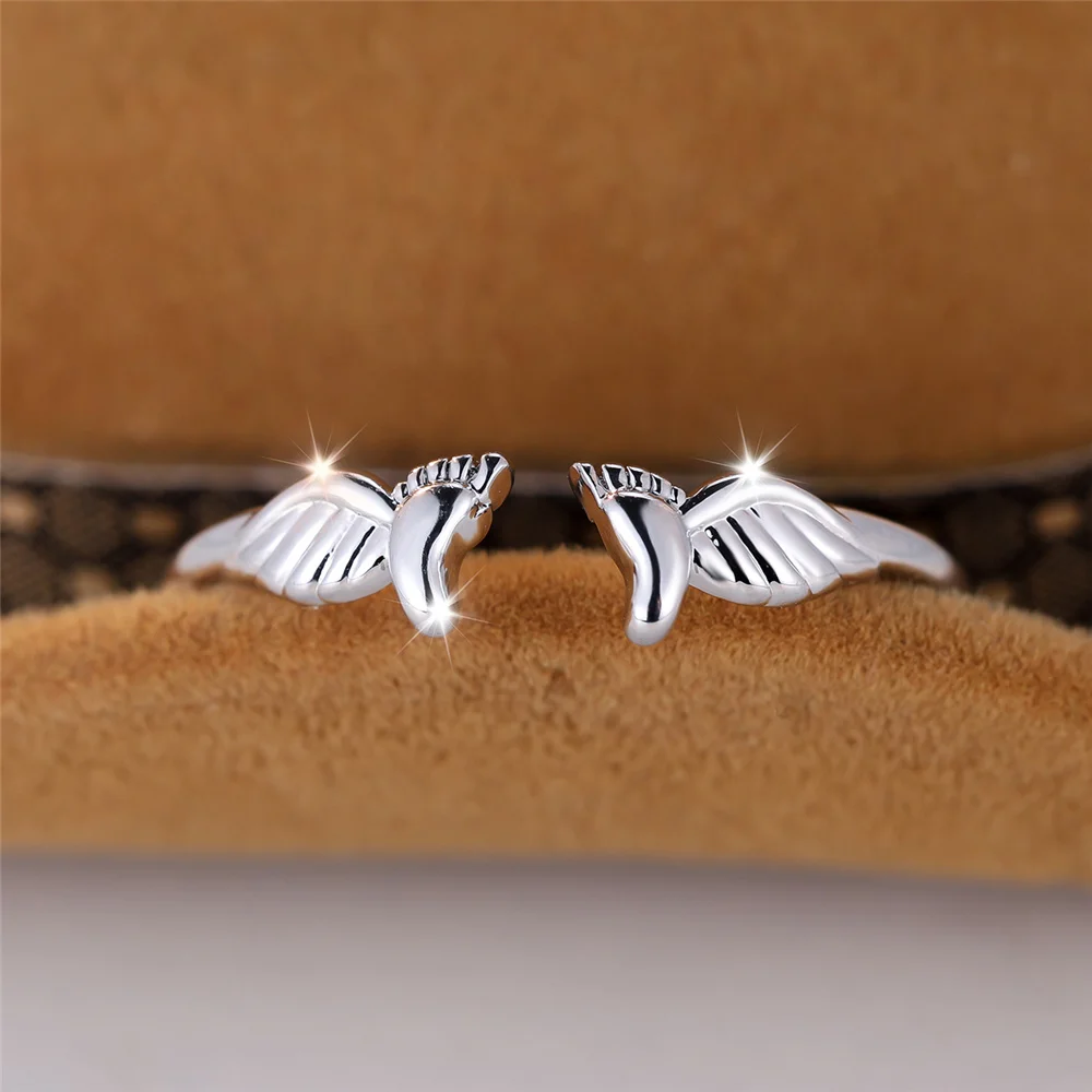 Cute Female White Stone Angel Wing Footprint Ring Silver Color Wedding Jewelry For Women