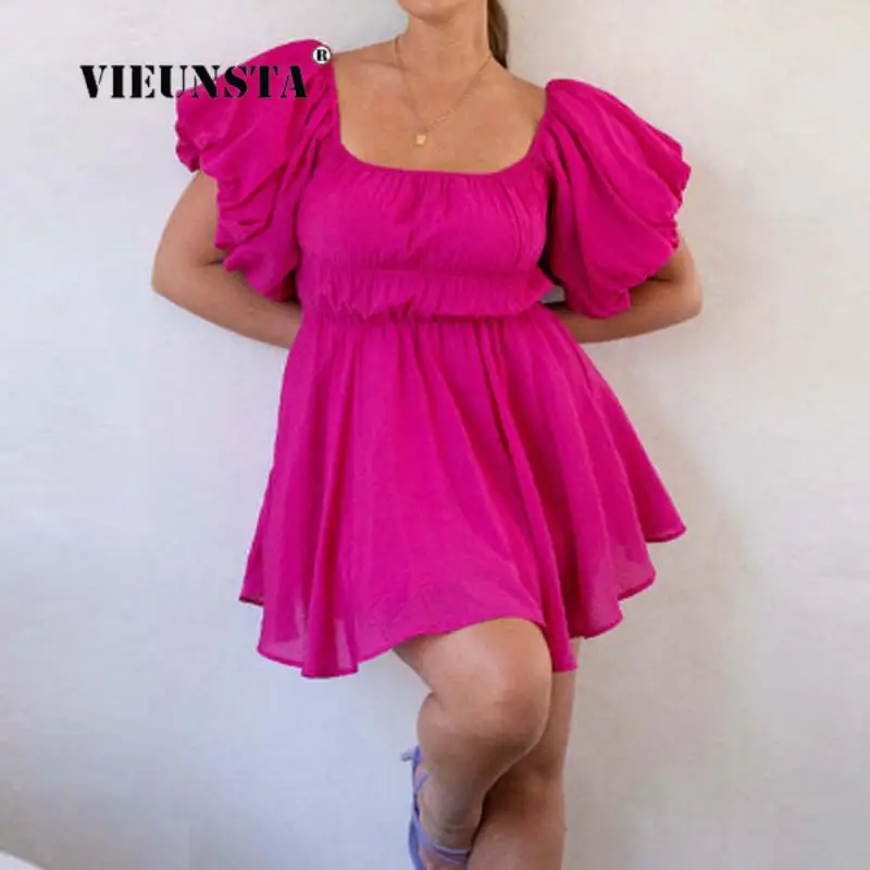 

Women Elegant Flare Sleeve Backless Party Dress Casual Holiday Mini Dress Fashion Elastic Pleated Slash Neck Summer Beach Dress