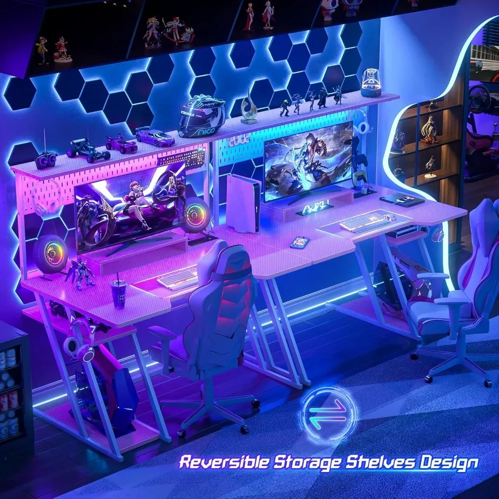 New2025-Gaming Computer Desk with Power Outlets, Gaming Desk with Hutch and LED Lights, Reversible PC Gaming Desk with Pegboard,
