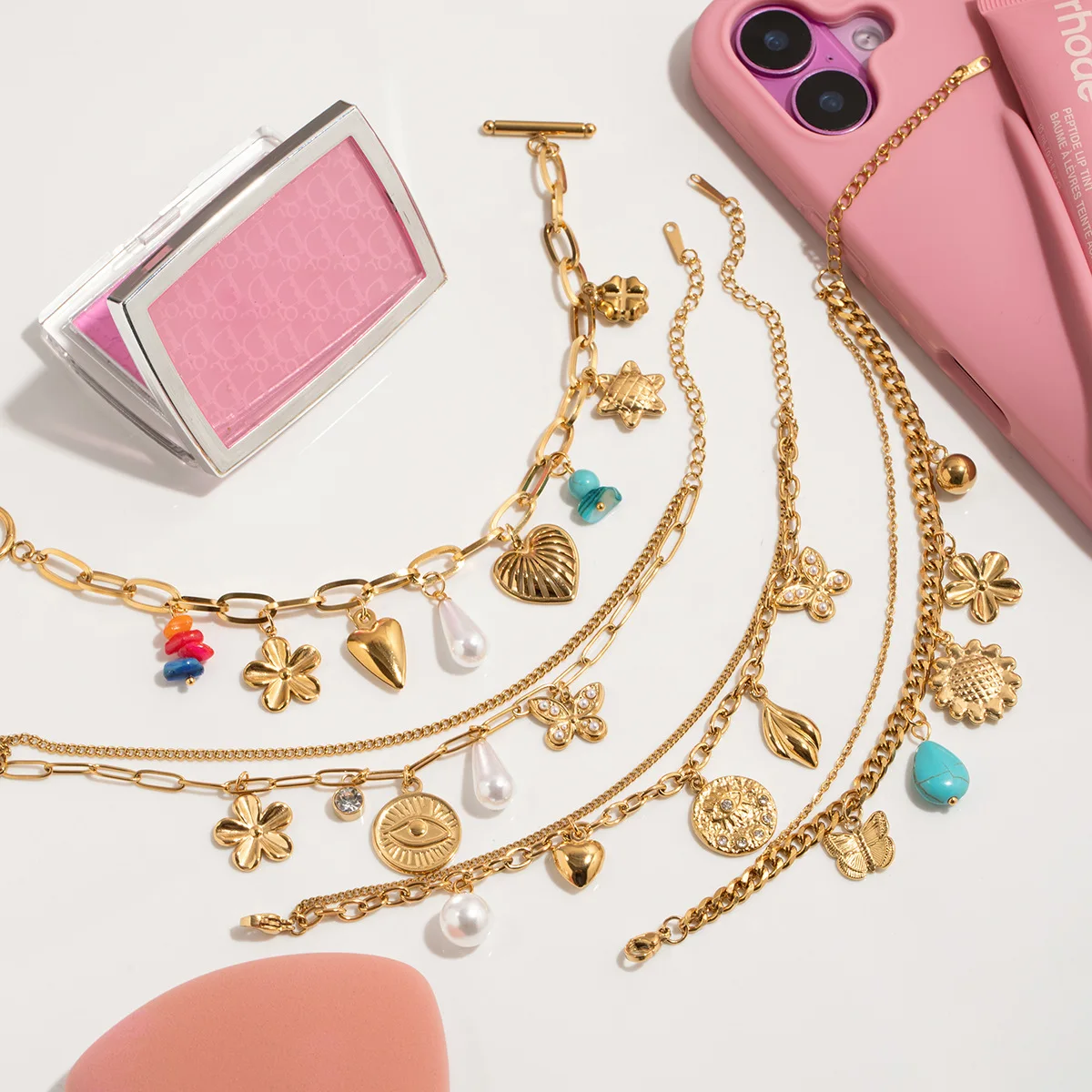 Punk Natural Turquoise Pearl Pendant Chunky Link Chain Butterfly Striped Heart Charms Bracelet for Women Girls Summer Jewelry