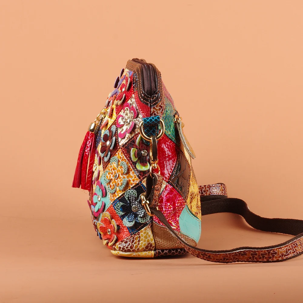 Multi-color snake pattern splicing tassel genuine leather cowhide bag shoulder women's bag personalized casual women's small