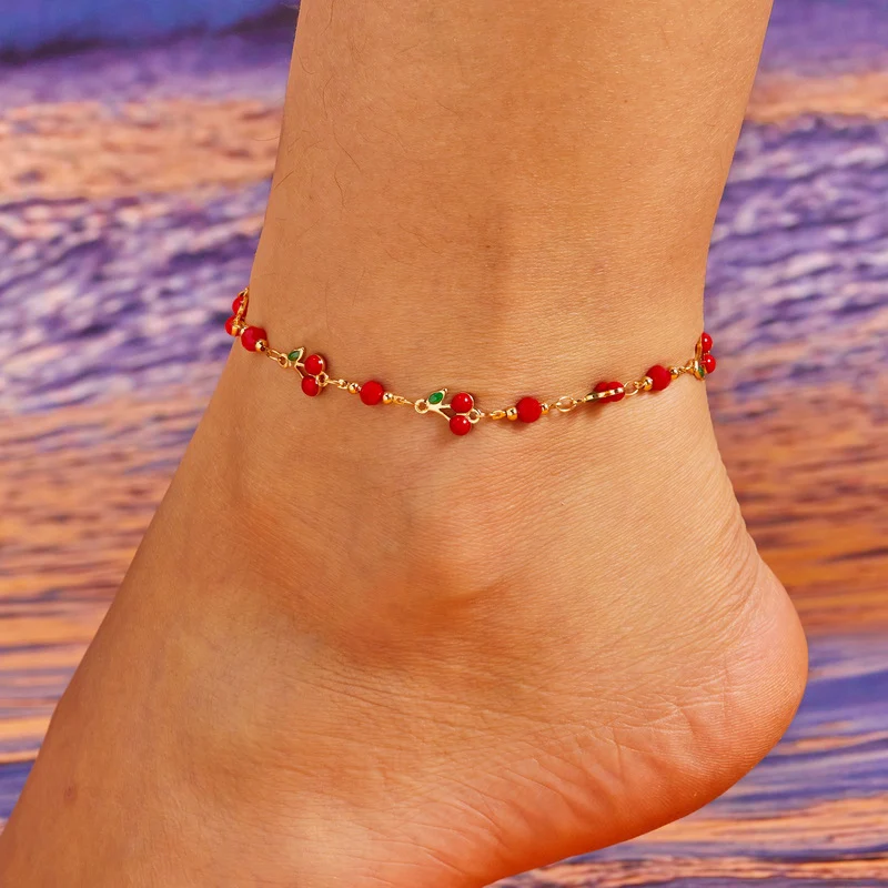 

Charm Red Cherry Anklets for Women Vintage Boho Zircon Love Heart Flower Foot Leg Ankle Chain Girls Beach Party Jewelry Gifts