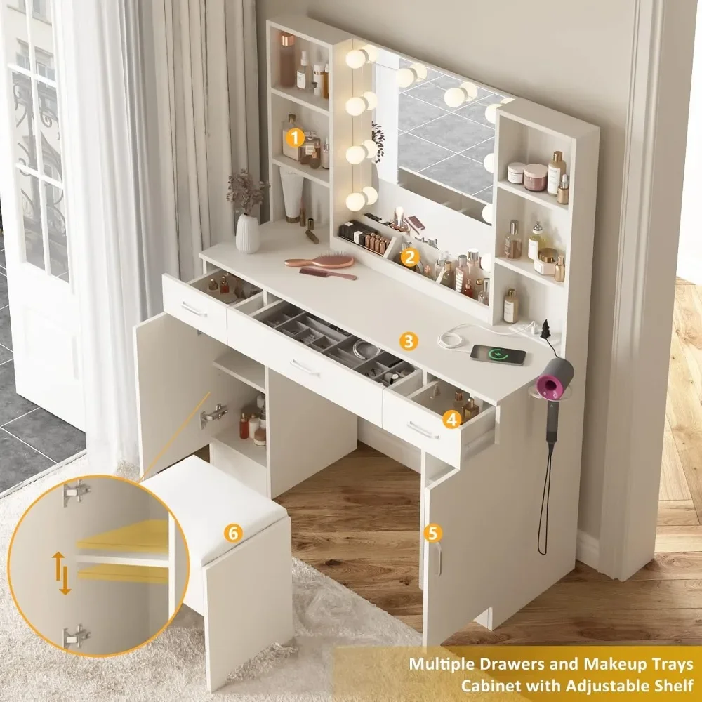 NEW-Makeup Vanity Table with Lighted Mirror & Power Strip, Large Vanity Set Vanity Desk with Lots Storage, 3 Lighting Modes, Bri