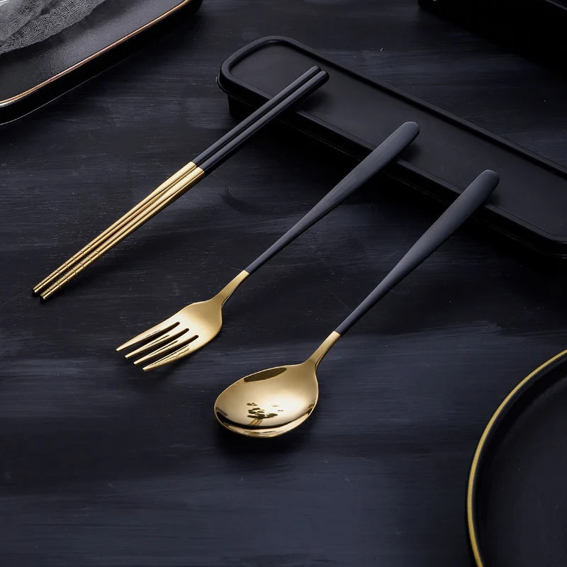 

1 Set Gold Color Stainless Steel Spoon Fork Chopsticks Dinnerware Sets Portable Kitchen Tableware Supplies Dining Tools With Box